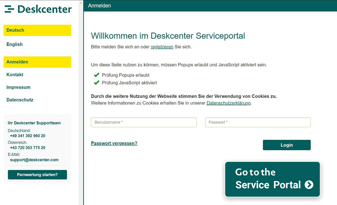 Screenshot of the deskcenter service portal